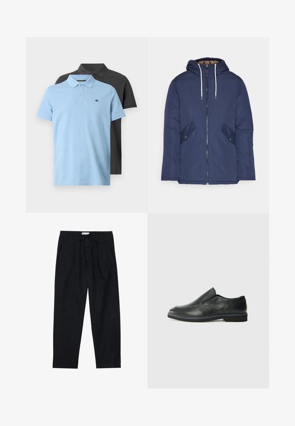 Tumesinine vahtkatseline jakk, millel on kapuuts, esilukk, kaks küljetaskut nupuga ja valged tõmblukud.; Kaks polo särki: üks helesinine, millel on krae ja nupud, ning teine tumehall. Mõlemal on rindkeres väike logo ja lühikesed varrukad.; Pier One Chino-püksid - black; Must musta laia suuga king, millel on sile ülemine osa, õmmeldud detailid, ümmargune nina ja madal kummist konts. Tallal on minimaalne mustr.