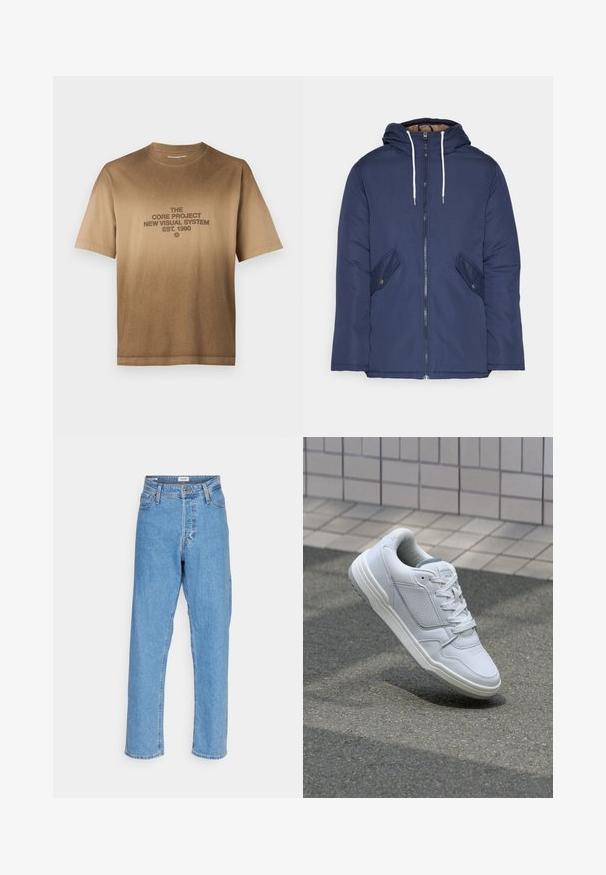 Jūras zila pufīgā jaka ar kapuci, kas aprīkota ar priekšējo rāvējslēdzēju, divām sānu kabatām ar pogām un baltiem aukliņām.; Brūns kokvilnas T-krekls ar īsām piedurknēm, ar centrā ievietotu grafiku tumši brūnā krāsā. Klasisks apaļš kakla izgriezums, taisna apmale.; Gaiši zils augstā jostasvietā taisna kāja džinsi ar priekšējo pogu, rāvējslēdzēja aizdari, jostu cilpām un piecu kabatu dizainu uz balta fona.; Baltas ādas sporta apavi ar perforētiem sāniem, teksturētām akcentiem, plakanu šņorēšanu un kontrastējošu pelēku papēdi. Iezīmē nedaudz paaugstinātu zole.