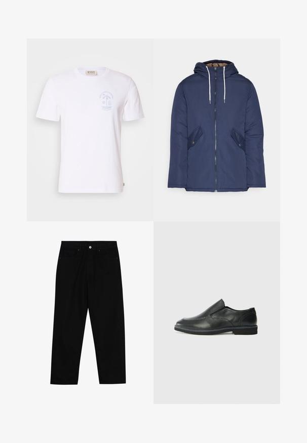 Mørkeblå polstret jakke med hætte, fremhævet af en frontlynlås, to sidelommer med knapper og hvide snore.; Hvid bomulds T-shirt med korte ærmer og rund halsudskæring. Har et lyseblåt grafisk tryk af en strandscene på venstre bryst.; Sorte denimbukser med lige ben, fem lomme-design og knaplukning foran. Glat tekstur med minimale syninger.; Sorte læder slip-on sko med en glat overdel, syede detaljer, rund tå og en lav gummihæl. Sålen har minimal profil.