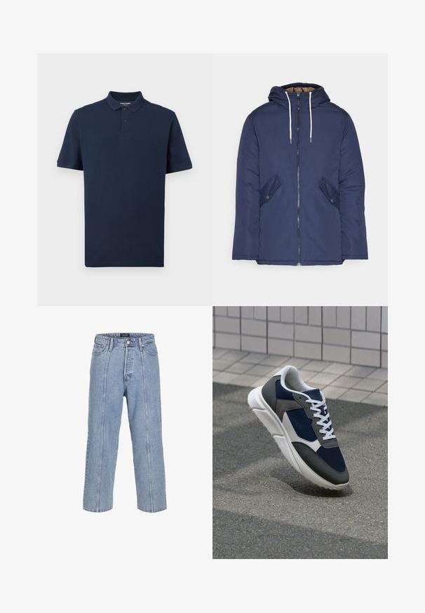 Mornarsko modra podložena jakna s kapuco, ki ima sprednji zadrgo, dva stranska žepa s gumbi in bele vrvice.; Polo majica temno modre barve, izdelana iz mehkega bombaža. Opremljena je s klasičnim ovratnikom, dvema gumboma in kratkimi rokavi. Diskreten logotip na prsih.; Svetlo modri kavbojasti hlače ohlapnega kroja s širokimi nogavicami in vidnimi šivi. Imajo gumb in zadrgo ter pet žepov.; Superge z zgornjim delom iz mrežaste tkanine v mornarsko modri barvi, sivi usnjeni poudarki, belo gumijasto podplato in ravnimi belimi vezalkami, zasnovane za udobje in zračnost.