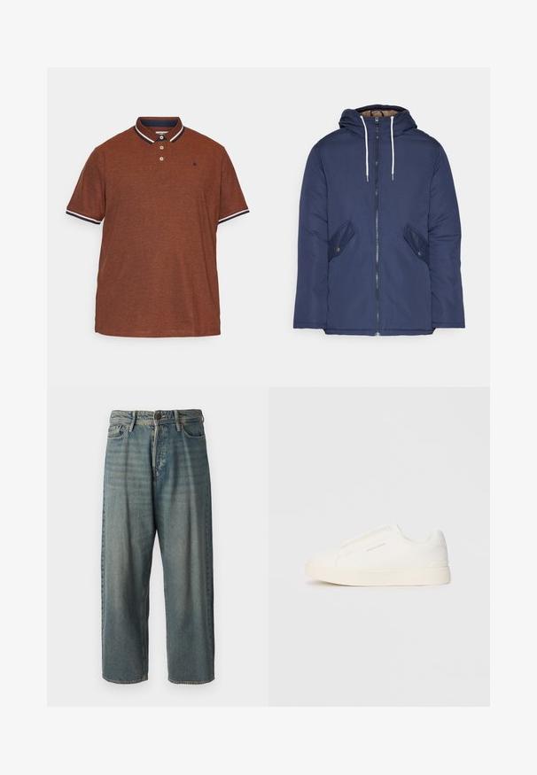 Veste matelassée bleu marine avec capuche, dotée d'une fermeture éclair à l'avant, de deux poches latérales avec boutons et de cordons de serrage blancs.; Polo brun en tissu texturé, avec un col marine et un passepoil blanc, trois boutons et un petit logo sur la poitrine.; Jeans en denim bleu clair avec une coupe ample, taille mi-haute et jambes droites. Comprend cinq poches, des passants de ceinture et une fermeture à bouton.; Baskets blanches sans lacets avec une surface texturée, une semelle épaisse et un design minimaliste. Présente le logo de la marque sur le côté.