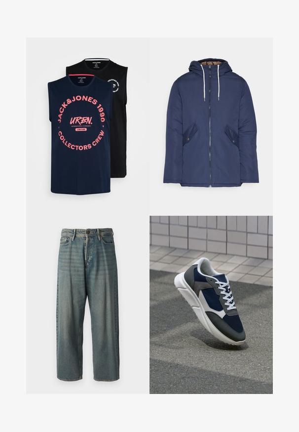 Giacca imbottita blu navy con cappuccio, dotata di zip frontale, due tasche laterali con bottoni e lacci bianchi.; Due magliette senza maniche, una blu navy e una nera. Quella blu navy presenta una grafica circolare rosa con il testo "JACK&JONES 1990". Quella nera ha un logo bianco sul petto.; Jeans di denim azzurro chiaro con vestibilità ampia, vita media e gambe dritte. Presenta cinque tasche, passanti per cintura e chiusura con bottone.; Sneaker con tomaia in rete blu navy, inserti in suede grigio, suola in gomma bianca e lacci bianchi piatti, progettata per comfort e traspirabilità.