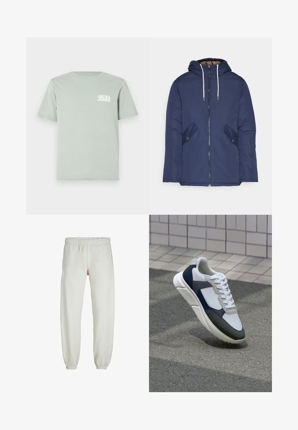 Giacca imbottita blu navy con cappuccio, dotata di zip frontale, due tasche laterali con bottoni e lacci bianchi.; T-shirt in cotone verde chiaro con scollatura rotonda e maniche corte. Presenta un logo bianco "JACK & JONES" stampato sul lato sinistro del petto.; Pantaloni tuta bianchi realizzati in tessuto morbido, dotati di vita e polsini elastici, con una texture liscia e una vestibilità ampia.; Sneaker bianca, blu navy e grigia con un design a materiali misti, caratterizzata da una tomaia testurizzata, lacci piatti e una suola imbottita.