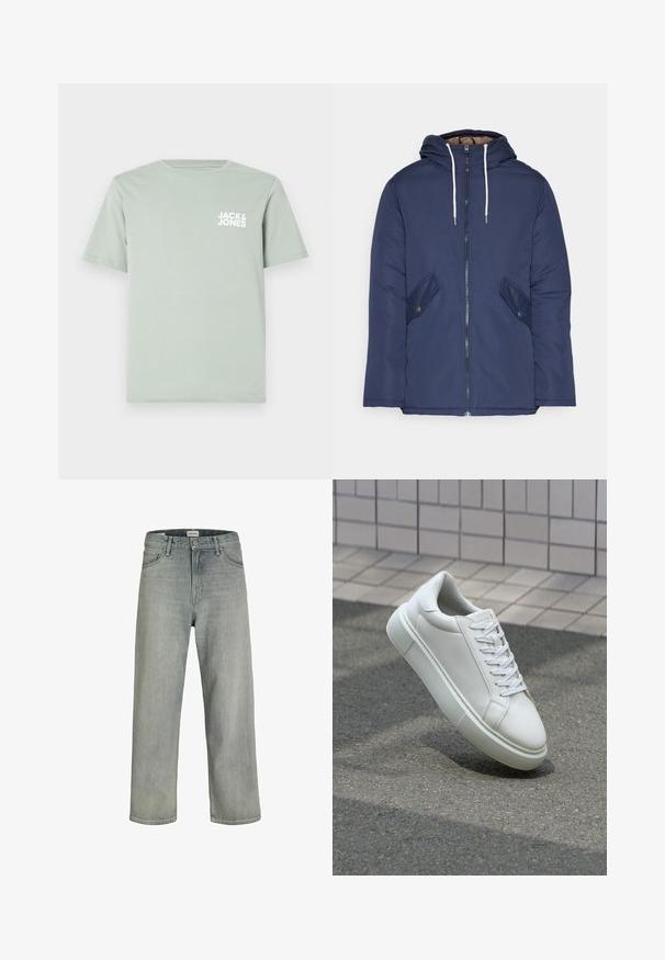 Marineblå polstret jakke med hette, med glidelås foran, to sidelommer med knapper og hvite snorer.; Lys grønn bomulls t-skjorte med rund hals og korte ermer. Har et hvitt logo "JACK & JONES" trykt på venstre bryst.; Lys grå, løstsittende jeans laget av denim. Har en klassisk fem-lomme-design, beltehemper og en rett ben-silhuett.; Hvit lær sneaker med glatt overflate, rund tå og flate hvite snøringer. Har en teksturert gummisåle og minimale design elementer.
