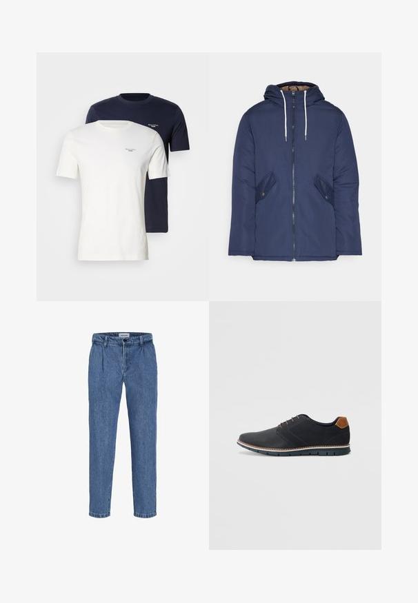 Sötétkék bélelt dzseki kapucnival, elülső cipzárral, két oldalsó zsebbel gombokkal és fehér húzózsinórokkal.; Két környakú póló, az egyik fehér, a másik tengerészkék, puha anyagból készült, kis méretű logóval a mellkason, kontrasztos színben.; Világoskék farmernadrág laza szabással, magas derékkal, két elülső pliszéval és felhajtott szárral. Egyszerű gombos és cipzáras záródás.; Fekete szintetikus cipők, textúrált felsőrésszel, sima díszítésekkel, barna sarkával és kontrasztos talppal. Minimális fűzéssel és varrási részletekkel rendelkezik.