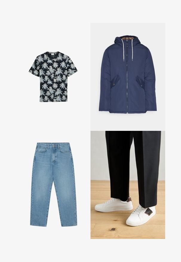 Sötétkék bélelt dzseki kapucnival, elülső cipzárral, két oldalsó zsebbel gombokkal és fehér húzózsinórokkal.; Rövid ujjú tengerészkék póló, fehér és világoskék pálmafával mintázva. Puha anyagból készült, kerek nyakkal és laza fazonnal.; Világoskék farmer széles szárú nadrág magas derékkal, öt zsebből, övhurkokkal és puha, enyhén fakó textúrával.; Fehér sneaker, sima textúrával, barna bőr díszítéssel és fekete részletekkel, fekete szabott nadrággal párosítva. Fából készült padló háttér.