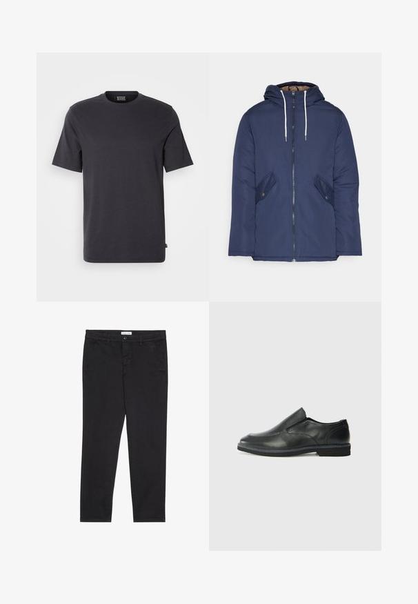 Marineblau gepadded Jacke mit Kapuze, ausgestattet mit einem Reißverschluss vorne, zwei seitlichen Taschen mit Knöpfen und weißen Kordeln.; Schwarzes Baumwoll-T-Shirt mit kurzen Ärmeln, rundem Halsausschnitt und geradem Schnitt. Verfügt über ein dezentes Markenetikett an der unteren linken Seite.; Schwarze Baumwollhose im Slim-Fit-Stil mit zwei seitlichen Taschen und einem vorderen Knopfverschluss. Strukturierter Stoff mit subtilen Details.; Schwarze Leder-Slipper mit glattem Obermaterial, gesteppten Akzenten, runder Zehenpartie und niedrigem Gummiabsatz. Die Sohle hat ein minimales Profil.