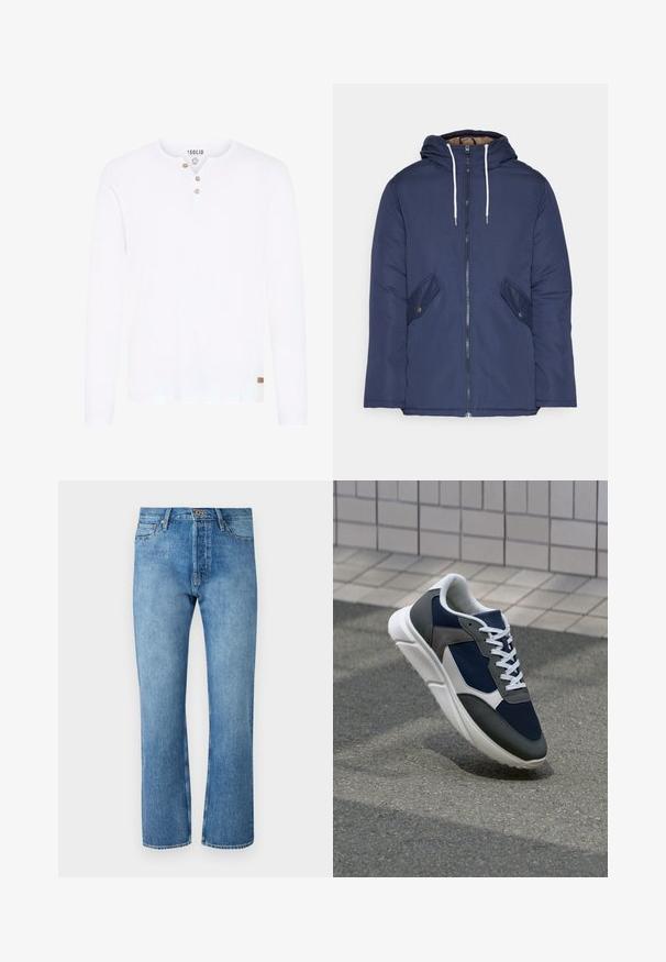Jachetă căptușită bleu marin cu glugă, având un fermoar frontal, două buzunare laterale cu nasturi și șnururi albe.; Cămașă albă cu mâneci lungi, din bumbac, cu guler henley cu butoni și un mic eticheta maro la margine. Textură netedă.; Jeans din denim albastru deschis cu un sistem de tăiere dreaptă, având un design clasic cu cinci buzunare, închidere cu nasture și cusături contrastante.; Adidași cu un uppers din plasă albastră închisă, accente din suede gri, talpă din cauciuc alb și șireturi plate albe, concepuți pentru confort și respirabilitate.