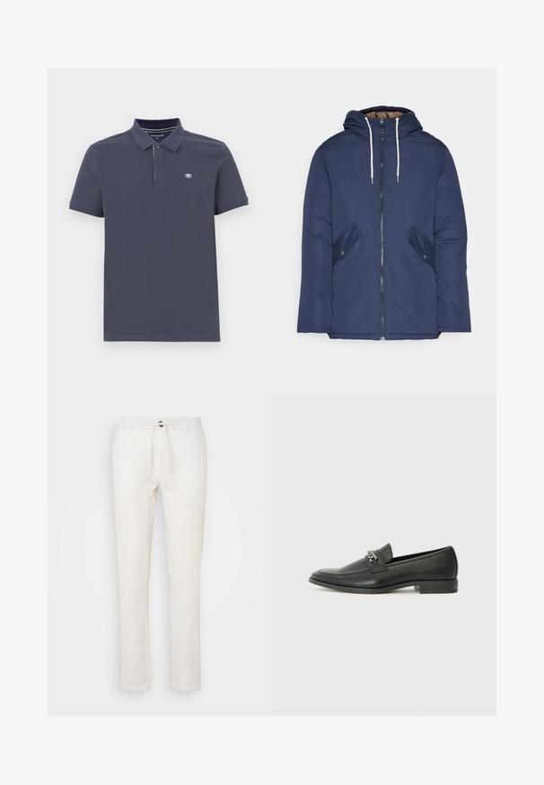 Jachetă căptușită bleu marin cu glugă, având un fermoar frontal, două buzunare laterale cu nasturi și șnururi albe.; Tricou polo bleumarin dintr-un amestec de bumbac, cu guler cu două butoane, mâneci scurte și un mic logo brodat pe pieptul stâng.; Pantaloni albi din in cu talie ajustabilă prin șnur, design cu picior drept și textură subtilă. Fără buzunare vizibile sau modele.; Pantofii negri din piele cu un finisaj neted, având un design cusut și un accent decorativ de lanț metalic peste partea de sus. Toc plat.