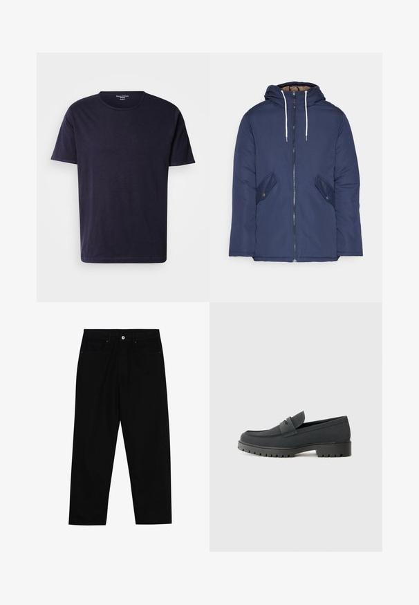 Chaqueta acolchada de color azul marino con capucha, cuenta con un cierre frontal de cremallera, dos bolsillos laterales con botones y cordones blancos.; Camiseta de color azul marino oscuro hecha de tela suave, con cuello redondo y mangas cortas. Textura lisa con un diseño simple y clásico.; Pantalones de mezclilla negra con corte recto, diseño de cinco bolsillos y cierre frontal con botón. Textura suave con detalles de costura mínimos.; Zapato de loafer negro con un acabado mate y suave, que presenta una punta redondeada y una suela gruesa y texturizada. Destacado con una correa frontal.