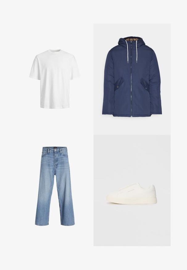 Jūras zila pufīgā jaka ar kapuci, kas aprīkota ar priekšējo rāvējslēdzēju, divām sānu kabatām ar pogām un baltiem aukliņām.; Baltas kokvilnas T-krekls ar apaļu kakla izgriezumu un īsām piedurknēm, kam ir brīvs piegriezums un gluda tekstūra, bez redzamām rakstu vai grafikas.; Gaiši zili džinsu bikses ar platām kājām un augstu jostu, kas aprīkotas ar pogu aizdari, piecu kabatu dizainu un vieglu izbalējušu efektu. Tīra apdare.; Baltas slip-on sporta apavi ar teksturētu virsmu, biezu zoli un minimālistisku dizainu. Sānos redzams zīmola logotips.