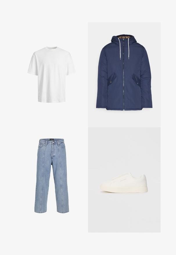 Giacca imbottita blu navy con cappuccio, dotata di zip frontale, due tasche laterali con bottoni e lacci bianchi.; T-shirt bianco in cotone con scollo rotondo e maniche corte, caratterizzato da una vestibilità rilassata e una texture liscia, senza motivi o grafiche visibili.; Jeans in denim blu chiaro con una vestibilità ampia, gambe larghe e dettagli di cucitura visibili. Presenta una chiusura con bottone e zip, cinque tasche.; Sneakers bianchi slip-on con superficie texturizzata, suola spessa e design minimalista. Presentano il logo del marchio sul lato.