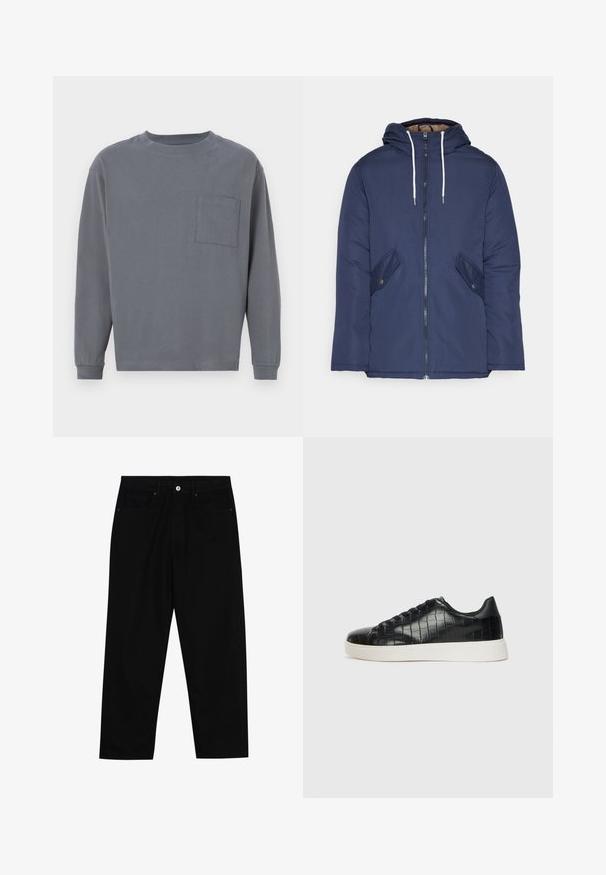 Navy blue padded jacket with a hood, featuring a front zipper, two side pockets with buttons, and white drawstrings.; GAP SUPER SOFT OVERSIZED - Long sleeved top - shark fin; Black denim pants featuring a straight-leg cut, five-pocket design, and a front button closure. Smooth texture with minimal stitching details.; Black sneakers featuring a textured croc-embossed leather upper, rounded toe, and a contrasting white rubber sole with a smooth finish.