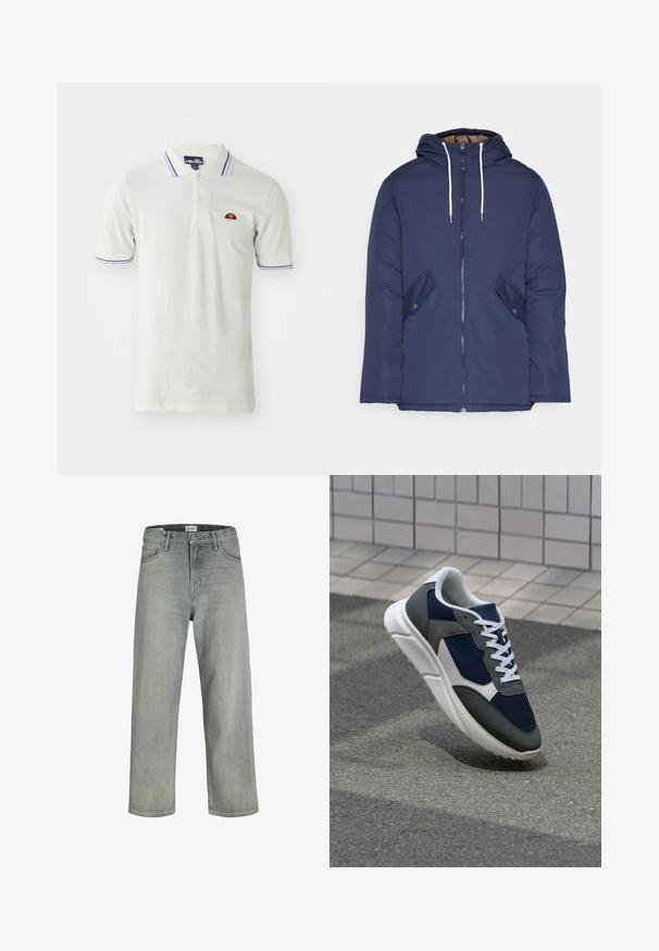 Casaco acolchoado azul-marinho com capuz, apresentando um fecho frontal com zíper, dois bolsos laterais com botões e cordões brancos.; Camisa polo branca com uma pala de dois botões, apresentando riscas azuis e roxas no colarinho e nas mangas, e um pequeno logótipo bordado.; Jeans soltos de cor cinza claro feitos de denim. Apresentam um design clássico de cinco bolsos, passadores para cinto e uma silhueta de perna reta.; Sapatilha com parte superior em malha azul-marinho, detalhes em camurça cinza, sola de borracha branca e atacadores brancos planos, projetada para conforto e respirabilidade.