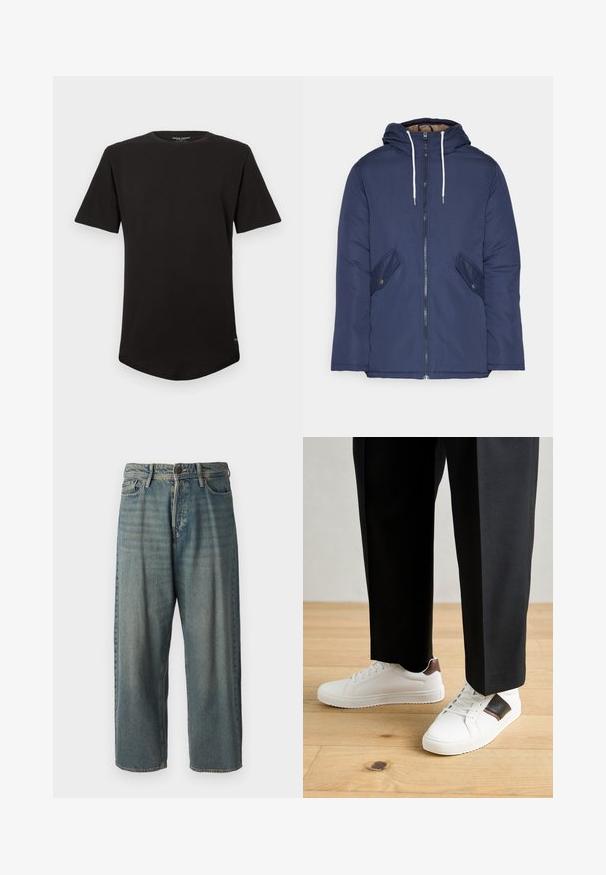 Laivasilkkinen vuorattu takki hupulla, jossa on etuvetoketju, kaksi nappikiinnityksellä varustettua sivutaskua ja valkoiset nyörit.; Musta lyhythihainen pyöreäkauluspaita, jossa on kaareva helma ja pieni logotagi alaosan sauman lähellä.; Vaaleansiniset farkut, joissa on väljä istuvuus, keskikorkea vyötärö ja suorat lahkeet. Ominaisuuksiin kuuluvat viisi taskua, vyölenkit ja nappisulku.; Valkoiset tennarit, joissa on sileä pinta, ruskealla nahka-akentilla ja mustilla yksityiskohdilla, yhdistetty mustiin räätälöityihin housuihin. Taustalla puulattia.