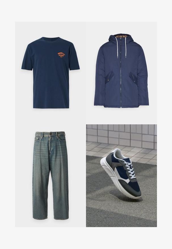 Námornícky modrá vystužená bunda s kapucňou, so zipsom vpredu, dvomi bočnými vreckami s gombíkmi a bielymi šnúrkami.; Námornícky modré bavlnené tričko s krátkymi rukávmi, okrúhlym výstrihom a oranžovým vyšívaným logom "Wrangler Jeans 1947" na hrudi.; Svetlomodré denimové nohavice so voľným strihom, stredne vysokým pásom a rovnými nohavicami. Obsahujú päť vreciek, pútka na opasok a zapínanie na gombík.; Tenisky s sieťovinou v námorníckej modrej farbe, so sivými semišovými detailmi, bielou gumovou podrážkou a plochými bielymi šnúrkami, navrhnuté pre pohodlie a priedušnosť.