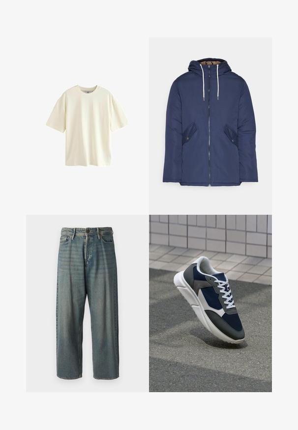Námorně modrá prošívaná bunda s kapucí, která má přední zip, dvě boční kapsy s knoflíky a bílé šňůrky.; Tričko s krátkým rukávem z off-white bavlny, s kulatým výstřihem a volným střihem, s hladkou texturou a bez viditelných vzorů nebo akcentů.; Světle modré denimové džíny s volným střihem, středně vysokým pasem a rovnými nohavicemi. Obsahují pět kapes, poutka na opasek a zapínání na knoflík.; Tenisky s horní částí z námornicky modré síťoviny, šedými semišovými akcenty, bílou gumovou podrážkou a plochými bílými tkaničkami, navržené pro pohodlí a prodyšnost.
