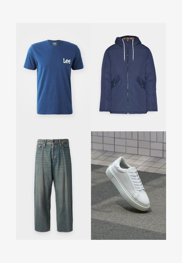 Jachetă căptușită bleu marin cu glugă, având un fermoar frontal, două buzunare laterale cu nasturi și șnururi albe.; Tricou din bumbac albastru cu mâneci scurte și guler la baza gâtului, având un logo alb brodat "Lee" în zona stângă a pieptului. Textură netedă.; Jeans din denim bleu deschis, cu o croială lejeră, talie medie și picioare drepte. Au cinci buzunare, bucle pentru curea și închidere cu nasture.; Sneaker alb din piele cu o suprafață netedă, vârf rotund și șireturi plate albe. Dispune de o talpă din cauciuc texturată și elemente de design minimale.