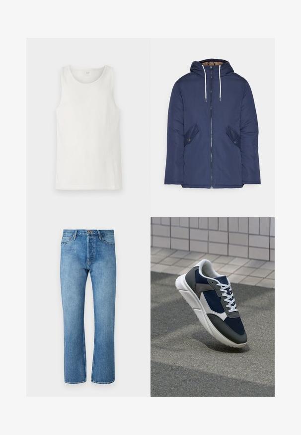 Navy plava podstava jakna s kapuljačom, koja ima prednji patentni zatvarač, dva bočna džepa s gumbima i bijele špage.; Bjela bezrukavna majica od rebraste tkanine, s okruglim izrezom i čistim rubovima. Etiketa na sredini leđa nosi natpis "GAP."; Svijetloplave traperice ravnog kroja, s klasičnim dizajnom s pet džepova, zatvaranjem na dugme i kontrastnim šavovima.; Tenisice s gornjim dijelom od mrežastog materijala tamnoplave boje, siva antilopova naglašavanja, bijela gumena potplat i ravne bijele vezice, dizajnirane za udobnost i prozračnost.
