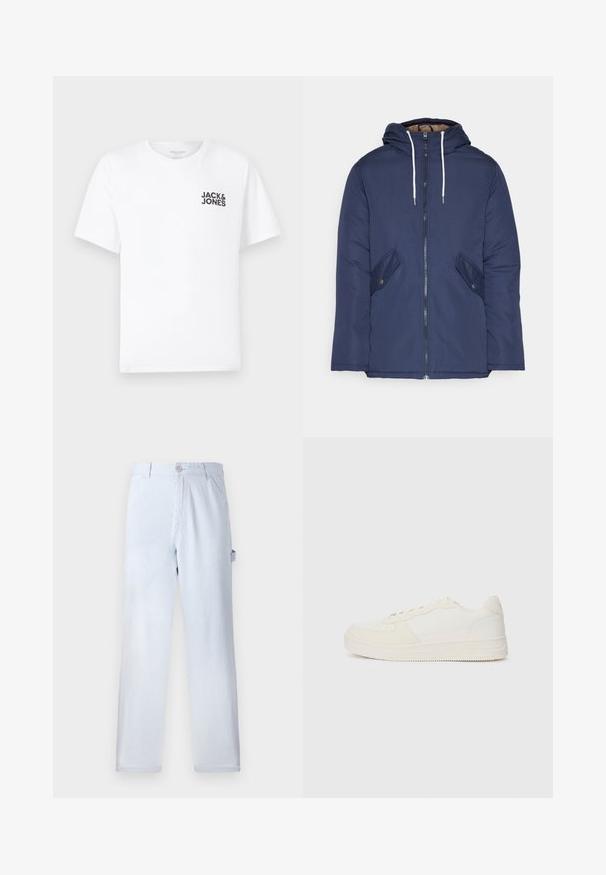 Marineblå polstret jakke med hette, med glidelås foran, to sidelommer med knapper og hvite snorer.; Hvit bomull T-skjorte, korte ermer, rund hals. Har svart tekstlogo "JACK & JONES" på venstre brystområde. Enkel, ensfarget design.; Lyseblå stripete bukser laget av bomull. Rett ben-design, med knappelukking foran og sidelommer. Myk tekstur.; Hvit sneakers med en glatt læroverdel og suedeforsterkninger. Har en perforert tå, flate lisser og en gummisåle med teksturert detaljering.