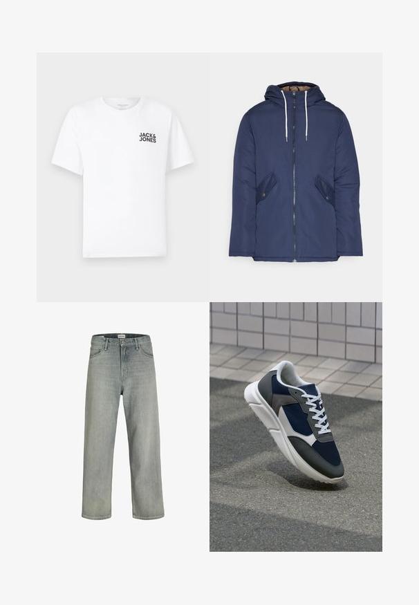 Navy blue padded jacket with a hood, featuring a front zipper, two side pockets with buttons, and white drawstrings.; White cotton t-shirt, short sleeves, crew neck. Features black text logo "JACK & JONES" on the left chest area. Simple, plain design.; Light gray, loose-fitting jeans made of denim. Features a classic five-pocket design, belt loops, and a straight leg silhouette.; Sneaker featuring a navy blue mesh upper, gray suede accents, white rubber sole, and flat white laces, designed for comfort and breathability.