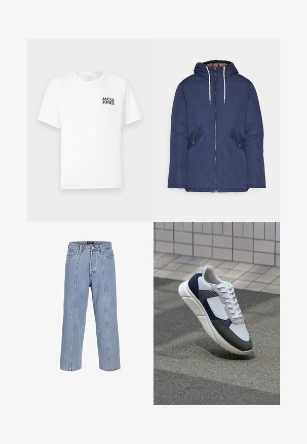 Navy blue padded jacket with a hood, featuring a front zipper, two side pockets with buttons, and white drawstrings.; White cotton t-shirt, short sleeves, crew neck. Features black text logo "JACK & JONES" on the left chest area. Simple, plain design.; Light blue denim jeans with a loose fit, wide legs, and visible stitching details. Features a button and zip fly closure, five pockets.; White, navy, and gray sneaker with a mixed material design, featuring a textured upper, flat laces, and a cushioned sole.