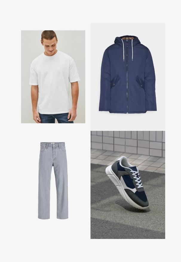 Námorně modrá prošívaná bunda s kapucí, která má přední zip, dvě boční kapsy s knoflíky a bílé šňůrky.; Bílá bavlněná tričko s krátkým rukávem, volný střih a kulatým výstřihem. Bez vzorů nebo akcentů, vystavené s džínami.; Světlé modré denimové džíny s uvolněným střihem, rovnými nohavicemi, viditelným šitím, dvěma předními kapsami a zapínáním na knoflík.; Tenisky s horní částí z námornicky modré síťoviny, šedými semišovými akcenty, bílou gumovou podrážkou a plochými bílými tkaničkami, navržené pro pohodlí a prodyšnost.