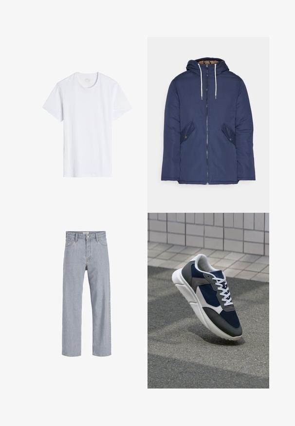 Marineblauwe gewatteerde jas met een capuchon, voorzien van een rits aan de voorkant, twee zijzakken met knopen en witte trekkoorden.; Witte t-shirt met korte mouwen en een ronde hals. Gemaakt van gladde katoenstof, heeft het een ontspannen pasvorm en minimale naden.; Lichtblauwe denim jeans met een relaxed fit, rechte pijpen, zichtbare stiksels, twee voorzakken en een knoopsluiting.; Sneaker met een marineblauwe mesh bovenwerk, grijze suède accenten, witte rubberen zool en platte witte veters, ontworpen voor comfort en ademend vermogen.