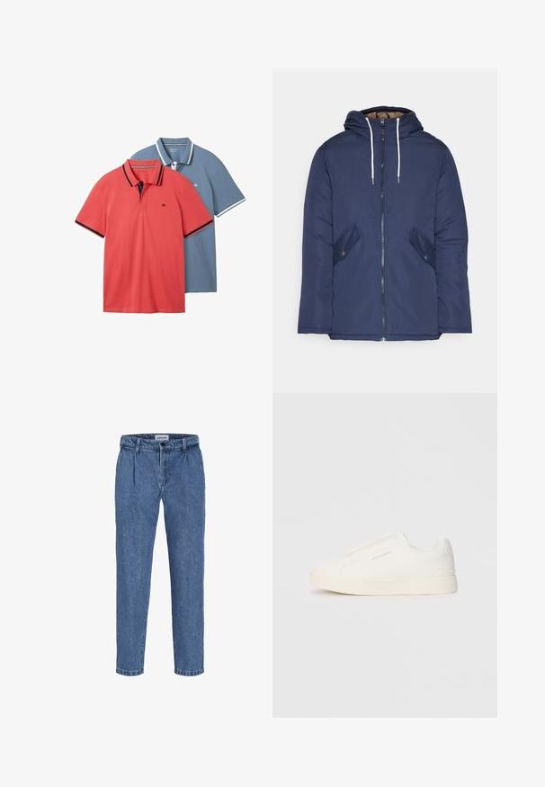 Námornícky modrá vystužená bunda s kapucňou, so zipsom vpredu, dvomi bočnými vreckami s gombíkmi a bielymi šnúrkami.; Dve polo tričká: jedno korálové s tmavým lemovaním a jedno svetlomodré s bielymi akcentmi. Obe majú krátke rukávy a klasický golier.; Svetlomodré džíny s uvoľneným strihom, s vysokým pásom, dvoma prednými záhybmi a obrubovaným lemom. Jednoduché zapínanie na gombík a zips.; Biele slip-on tenisky s textúrovaným povrchom, hrubou podrážkou a minimalistickým dizajnom. Obsahuje logo značky na boku.