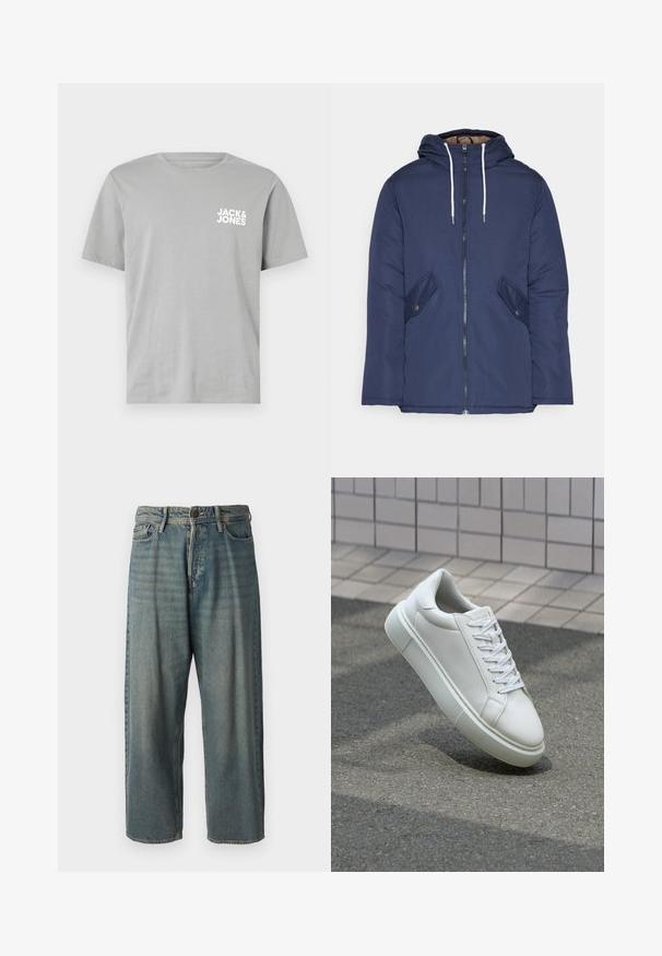 Námorně modrá prošívaná bunda s kapucí, která má přední zip, dvě boční kapsy s knoflíky a bílé šňůrky.; Šedé bavlněné tričko s krátkým rukávem, kulatým výstřihem a bílým logem "JACK & JONES" potisknutým na levé části hrudníku.; Světle modré denimové džíny s volným střihem, středně vysokým pasem a rovnými nohavicemi. Obsahují pět kapes, poutka na opasek a zapínání na knoflík.; Bílé kožené tenisky s hladkým povrchem, kulatou špičkou a plochými bílými tkaničkami. Disponují texturovanou gumovou podrážkou a minimálními designovými prvky.