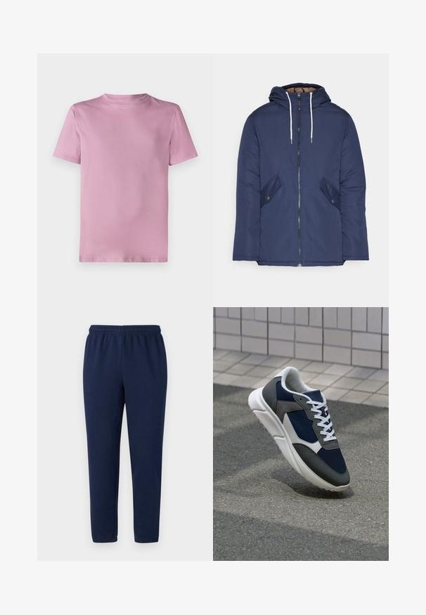 Mørkeblå polstret jakke med hætte, fremhævet af en frontlynlås, to sidelommer med knapper og hvide snore.; Lyserød bomulds T-shirt med rund halsudskæring, korteærmer og en glat tekstur. Enkelt, uimodsigeligt design uden logoer eller mønstre.; Marineblå sweatpants i en blød bomuldsblanding, med elastisk talje og tætsiddende ben, uden synlige mønstre eller accenter.; Sneakers med en overdel i marineblå mesh, grå suedeteksturer, hvid gummisål og flade hvide snørebånd, designet til komfort og åndbarhed.