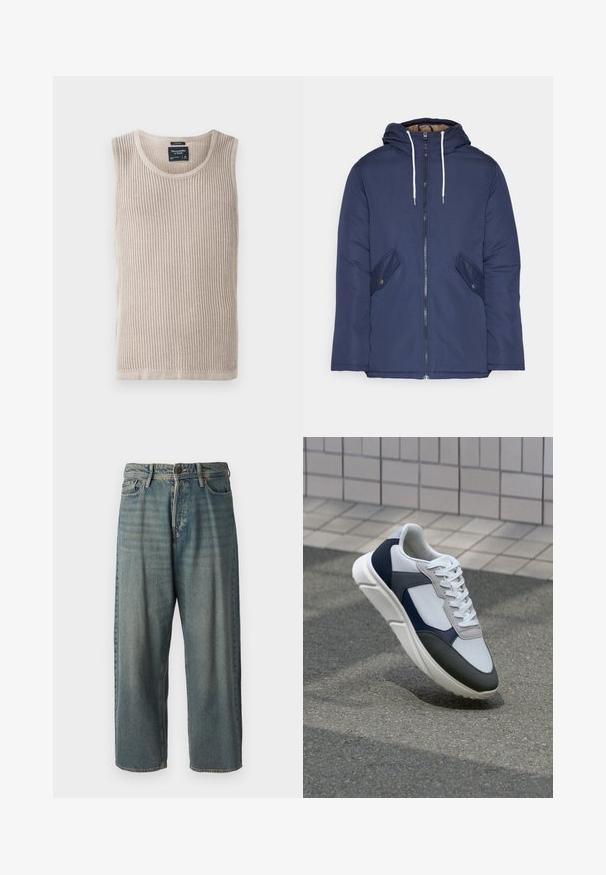 Jūrinė mėlyna pūkinė striukė su kapišonu, turinti priekinį užtrauktuką, dvi šonines kišenes su sagomis ir baltus raiščius.; Bežinis raštuotas liemenė su apvalia iškirpte, be rankovių ir minkšta tekstūra. Etiketė siuvinėta vidinėje kaklo dalyje, švarus siūlas.; Šviesiai mėlyni džinsai su laisvu siluetu, vidutinio aukščio juosmeniu ir tiesiomis kojomis. Su penkiais kišenėmis, diržo kilpo ir mygtukų uždarymu.; Baltos, tamsiai mėlynos ir pilkos sportbačiai su mišriomis medžiagomis, turintys tekstūruotą viršutinę dalį, plokščius raištelius ir paminkštintą pado dalį.