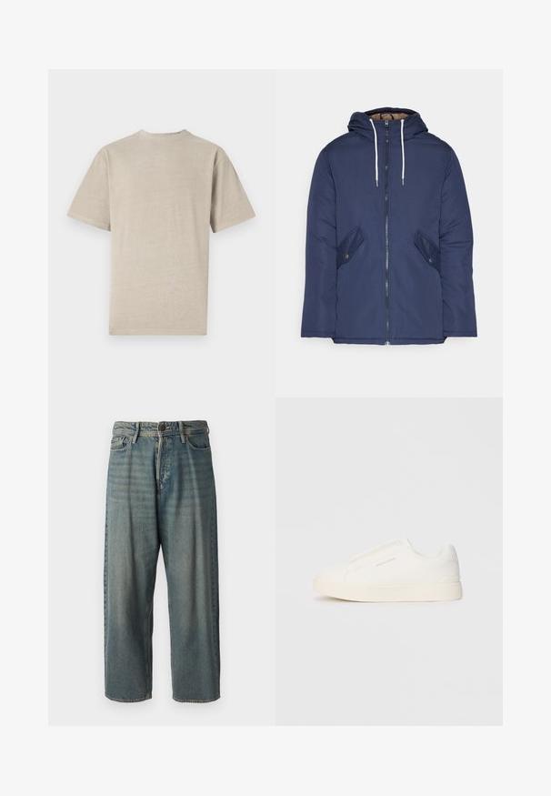 Námorně modrá prošívaná bunda s kapucí, která má přední zip, dvě boční kapsy s knoflíky a bílé šňůrky.; Tričko s krátkým rukávem v světle béžové barvě s kulatým výstřihem, vyrobené z měkké látky, s hladkou texturou a jednoduchým designem bez grafiky.; Světle modré denimové džíny s volným střihem, středně vysokým pasem a rovnými nohavicemi. Obsahují pět kapes, poutka na opasek a zapínání na knoflík.; Bílé slip-on tenisky s texturovaným povrchem, silnou podešví a minimalistickým designem. Na boku je umístěno logo značky.
