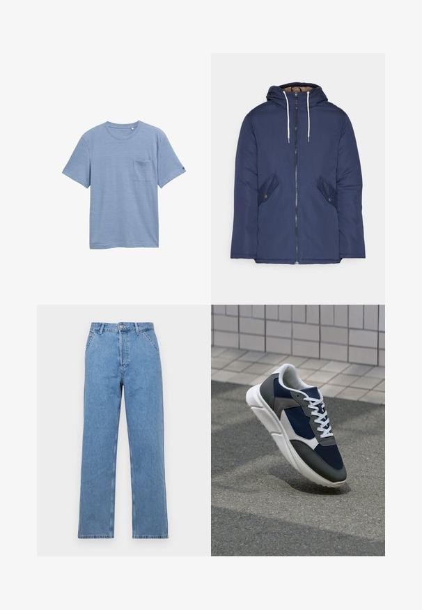 Sötétkék bélelt dzseki kapucnival, elülső cipzárral, két oldalsó zsebbel gombokkal és fehér húzózsinórokkal.; Világoskék, rövid ujjú póló, texturált anyagból készült, kerek nyakkal és bal oldalon egy mellzsebbel.; Világoskék farmer egyenes szárú nadrág klasszikus öt zsebes kialakítással, elülső gombos záródással és övhurkokkal. Simaság jellemzi.; Cipő, amelynek sötétkék hálós felsőrésze, szürke velúr díszítései, fehér gumitalpa és lapos fehér fűzője van, a kényelem és a légáteresztő képesség érdekében tervezve.