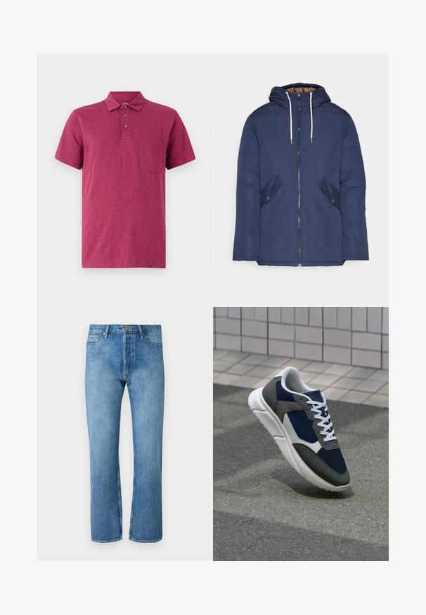 Sötétkék bélelt dzseki kapucnival, elülső cipzárral, két oldalsó zsebbel gombokkal és fehér húzózsinórokkal.; Rövidujjú polo póló mély málnapiros színben. Könnyű anyagból készült, gallérral, három gombos nyakkal és mellzsebbel rendelkezik.; Világoskék farmernadrág egyenes szárú szabással, klasszikus öt zsebes dizájnnal, gombos záródással és kontrasztos varrással.; Cipő, amelynek sötétkék hálós felsőrésze, szürke velúr díszítései, fehér gumitalpa és lapos fehér fűzője van, a kényelem és a légáteresztő képesség érdekében tervezve.