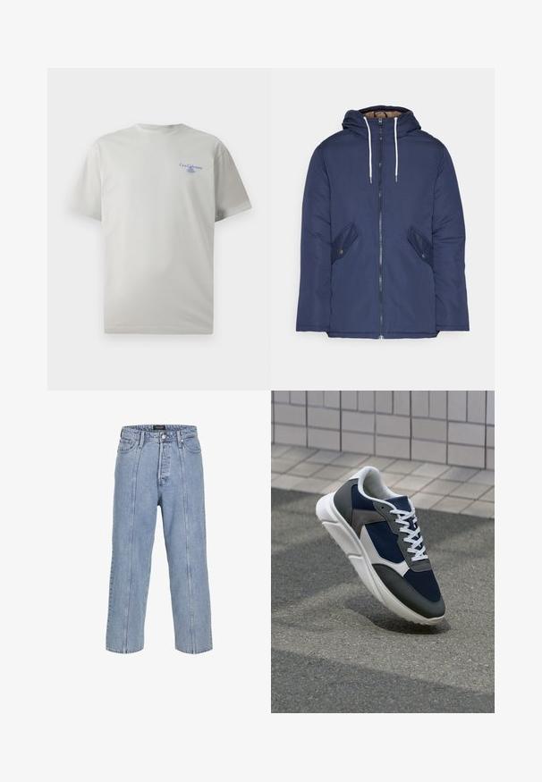 Mornarsko modra podložena jakna s kapuco, ki ima sprednji zadrgo, dva stranska žepa s gumbi in bele vrvice.; Svijetlosivi pamučni majica s kratkim rukavima, okruglim izrezom i malim plavim natpisom na lijevoj strani grudi. Glatka tekstura.; Svetlo modri kavbojasti hlače ohlapnega kroja s širokimi nogavicami in vidnimi šivi. Imajo gumb in zadrgo ter pet žepov.; Superge z zgornjim delom iz mrežaste tkanine v mornarsko modri barvi, sivi usnjeni poudarki, belo gumijasto podplato in ravnimi belimi vezalkami, zasnovane za udobje in zračnost.