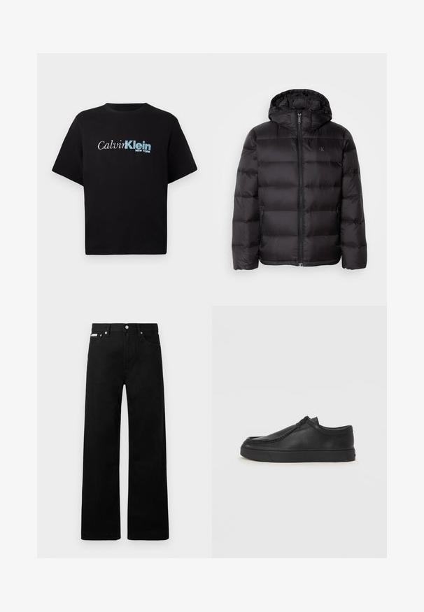 Zwarte pufferjack met capuchon, voorzien van een ritssluiting, een quilted ontwerp en zijzakken. Zachte textuur met een glanzende afwerking.; Zwarte T-shirt met korte mouwen met het logo "Calvin Klein New York" in het wit en blauw, centraal op de borst tegen een effen achtergrond.; Zwarte spijkerbroek met een wijd uitlopende pasvorm, voorzien van vijf zakken en metallic knopen. Gladde textuur, geen zichtbare patronen.; Zwarte leren instapschoen met een ronde neus, gestikte details en een zwarte rubberen zool. Soepele textuur met een minimalistisch ontwerp.