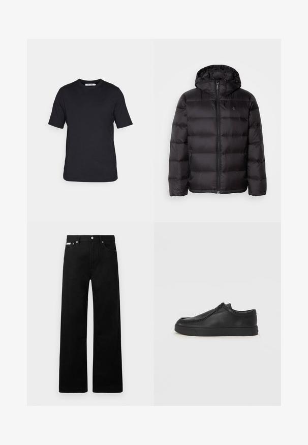 Schwarze Daunenjacke mit Kapuze, ausgestattet mit einem Reißverschluss, gestepptem Design und Seitentaschen. Weiche Textur mit glänzender Oberfläche.; Schwarzes Kurzarm-T-Shirt aus weichem Stoff, mit einem runden Ausschnitt und geradem Saum, ohne Muster oder sichtbare Marken.; Schwarze Denim-Hose im weiten Bein-Design mit fünf Taschen und metallenen Knopfdetails. Glatte Textur, ohne sichtbare Muster.; Schwarze Leder-Schlupfschuhe mit runder Zehenform, genähten Details und schwarzer Gummisohle. Glatte Textur mit minimalistischem Design.