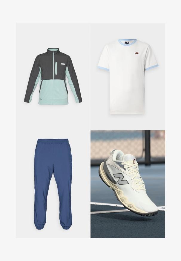 Midweight jacket in gray and mint green, featuring a full-zip front, high collar, and chest pocket. Soft texture with contrasting panels.; White cotton t-shirt with light blue ribbed collar and sleeve edges. Features a small red and orange logo on the chest. Classic fit.; Blue athletic pants made of lightweight material. Features an elastic waistband, cuffs at the ankles, and zippered side pockets.; White athletic shoe with textured surface, grey accents, and distinctive curved sole. Features woven laces and a branded logo on the side.