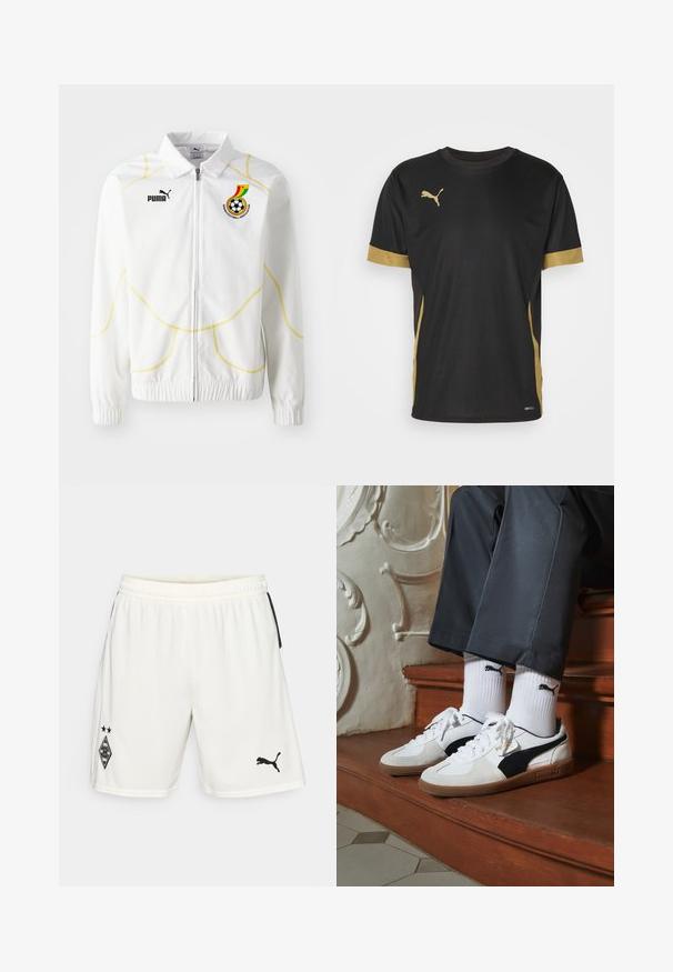 Valge tõmblukk-jakk kollaste geomeetriliste õmblustega. Vasakul rinnal on Puma logo ja Ghana Jalgpalliliidu embleem. Elastsed varrukad.; Musthave musternig musternig ja musternig musternig D mga t-t-s-is t-t-s-is T. Kolla musternig on kõrv ja musternig on jõud. Musternig, musternig on üles ja musternig on laht.; Valged spordilühikesed, mis on valmistatud kergest kangast, vasakul jalal must logo ja mustad servakinnitused. Paindlik vöökoht.; Puma tossud valgest ja mustast südamikust, millel on pruun kummi tall. Kombineeritud valgete sokkidega, millel on must logo, kantud tumedate pükstega.