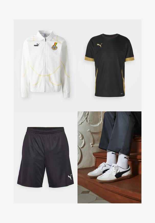 Balta užtrauktuku užsegama striukė su geltonais geometriniais siūlėlėmis. Kairėje krūtinės pusėje - Puma logotipas ir Ganos futbolo asociacijos emblema. Elastinės rankogalių apkaustai.; Juodas sportinis marškinėliai su auksiniais akcentais ant rankovių ir šonų. Turi apvalų kaklą, trumpas rankoves ir drėgmę praleidžiančią DRYCELL medžiagą.; Juodi sportiniai šortai, pagaminti iš lengvos medžiagos, su elastinga juosmeniu ir sidabro logotipu kairėje apatinėje pusėje.; Puma sportbačiai baltoje ir juodoje zomšo spalvų derinys, su rudu guminio pado apdaila. Derinama su baltais kojiniais, kuriuose pavaizduota juoda logotipas, dėvimi su tamsiomis kelnėmis.