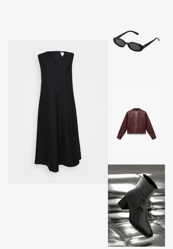 Burgunderfarbene Lederjacke mit verkürztem Schnitt, langen Ärmeln, einem Reverskragen und Druckknopfdetails an den Manschetten. Glatte Textur.; Schwarzes, ärmelloses Kleid mit V-Ausschnitt, ausgestellter A-Linie, knielangem Design und verdecktem Reißverschluss hinten. Glatte Stofftextur.; Schwarzer Knöchelstiefel aus glänzendem Material mit quadratischer Zehenform und verjüngtem Absatz, vor einem glänzenden silbernen gepolsterten Hintergrund.; Schwarze, oversized Sonnenbrillen mit ovalen Gläsern, glattem Kunststoffrahmen und goldenen Akzenten an den Bügeln. Die dunklen Gläser bieten Sonnenschutz.; Burgunderfarbene Handtasche aus glänzendem Material, rechteckige Form, mit zwei Schulterriemen und subtilen, geschwungenen Akzenten an der Vorderseite.