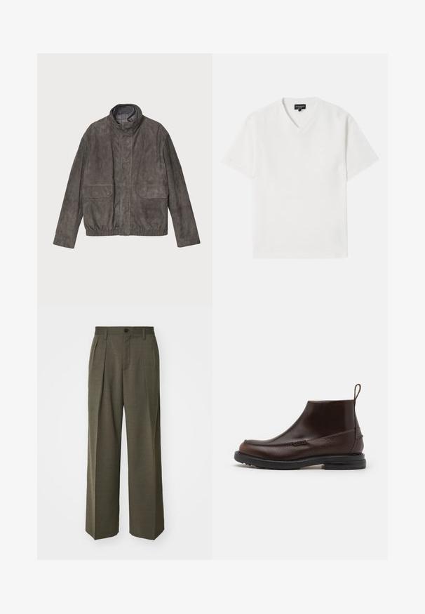 Pelēks zamšādas jakas modelis ar augstu apkakli, divām priekšējām kabatām un elastīgu apakšmalu. Īpašības ietver gludu tekstūru un brīvu piegriezumu.; Balta īsām piedurknēm V veida kakla T-kreklam, kas izgatavots no teksturēta auduma ar smalku rakstu. Tam ir mazs logo uz krūtīm.; Filippa K WIDE TROUSERS - Auduma bikses - driftwood; Kasta ādas potīšu zābaki ar teksturētu virsmu, ar noapaļotu purngalu, minimālu šuvju un zemu melnu gumijas zoli ar kabatiņu.