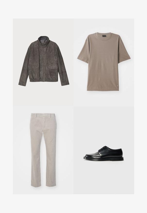 Zijde-grijze jas met een hoge kraag, twee voorzakken en een elastische zoom. Heeft een gladde textuur en een ontspannen pasvorm.; Bruine T-shirt met korte mouwen en een ronde hals, voorzien van een subtiele textuurpatroon en een klein logo-label aan de onderzijde links.; Beige corduroy broek met verticale ribbeltextuur, rechte pasvorm en een standaard tailleband. Voorzakken en riemlussen inbegrepen.; The Antipode DERBY - Veterschoenen - black