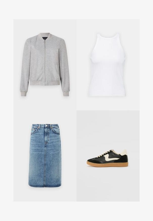 Light gray bomber jacket with a full zipper and ribbed cuffs, featuring a simple design. No patterns or embellishments.; White sleeveless tank top made of ribbed fabric, featuring a rounded neckline and a fitted silhouette, with minimal seams and no embellishments.; Denim skirt in light blue. Features a straight silhouette, five pockets, and a button closure with belt loops. Distressed texture accents.; Black suede and leather sneaker with a cream side swoosh and light cream heel. Features beige laces and a gum rubber outsole.