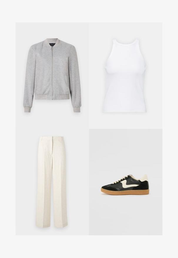 Veste bomber grise claire avec une fermeture éclair intégrale et des poignets côtelés, présentant un design simple. Pas de motifs ni d'ornements.; Débardeur blanc sans manches en tissu côtelé, doté d'un col rond et d'une silhouette ajustée, avec des coutures minimales et sans ornements.; Pantalons larges de couleur claire, fabriqués en tissu texturé et tissé. Dotés d'un devant plat et de deux poches latérales en biais.; Baskets en daim et cuir noir avec un swoosh latéral crème et un talon crème clair. Dotées de lacets beige et d'une semelle en caoutchouc gomme.