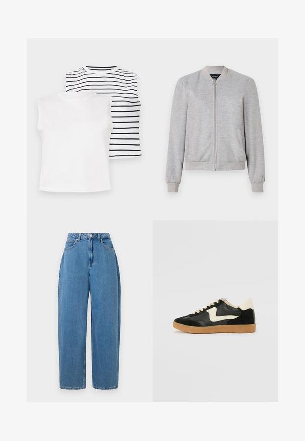 Light gray bomber jacket with a full zipper and ribbed cuffs, featuring a simple design. No patterns or embellishments.; Two sleeveless tops: one solid white, the other featuring horizontal black stripes on a white background. Soft fabric, round necklines.; Light blue, high-waisted straight-leg jeans with a button fly and front pockets, displayed against a white background.; Black suede and leather sneaker with a cream side swoosh and light cream heel. Features beige laces and a gum rubber outsole.