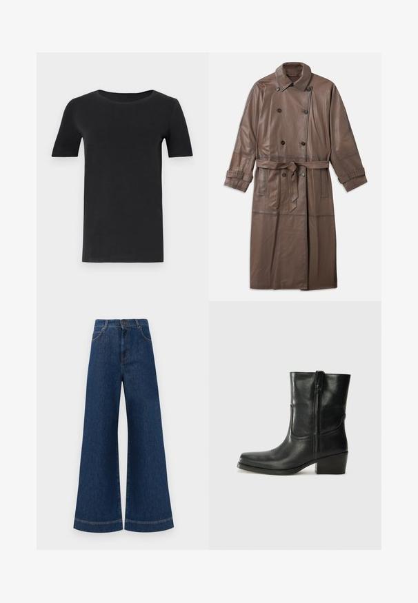 Brun läder trenchcoat med dubbelknäppt design, bälte i midjan och knappar på kragen och ärmarna.; Svart kortärmad t-shirt i mjuk bomull, med rund halsringning och klassisk passform. Slät textur, inga mönster eller dekorationer.; Bredda blå denimjeans med hög midja, med knappstängning, bältesögglor och subtila sömdetaljer längs fickorna och fållarna.; Svart läderankelboot med rund tå, blockklack, sidodragkedja och sömmar på ovandelen. Slät textur, klassisk design.