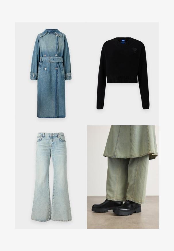 Gabardina de denim en azul claro. Presenta un cuello, diseño de doble botonadura, cintura ceñida con cinturón y puños abotonados con costuras detalladas.; Suéter negro corto con cuello en V, dobladillo acanalado y mangas largas. Presenta un pequeño detalle de corazón texturizado en el pecho. Hecho de material suave.; Jeans acampanados de un azul claro, hechos de denim, con una cintura alta, bolsillos y dobladillos deshilachados. La tela presenta un lavado desvanecido y una textura sutil.; Botas de tobillo negras con suelas gruesas y texturizadas, combinadas con pantalones de mezclilla anchos de color verde claro que presentan costuras en contraste.