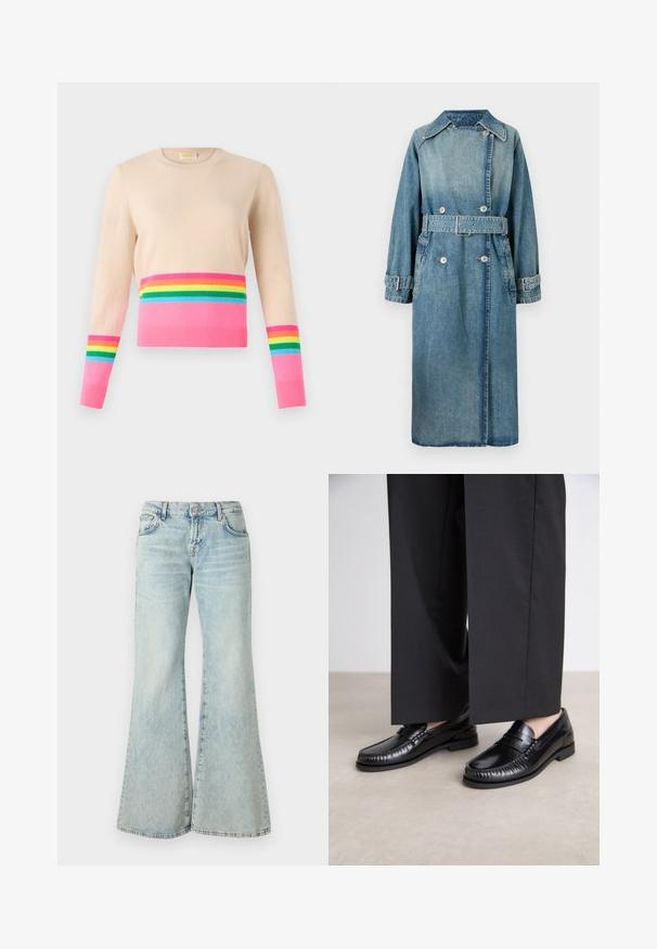 Denim trench coat in light blue. Features a collar, double-breasted design, belted waist, and buttoned cuffs with detailed stitching.; Beige sweater with long sleeves, featuring a horizontal pink band and rainbow stripes in green, blue, yellow, and red at the bottom and sleeves.; Light blue flared jeans made from denim, featuring a high waist, pockets, and frayed hems. The fabric displays a faded wash and subtle texture.; Black leather loafers with a smooth finish, stitched detailing around the toe, and a low rubber sole. Paired with wide black trousers.
